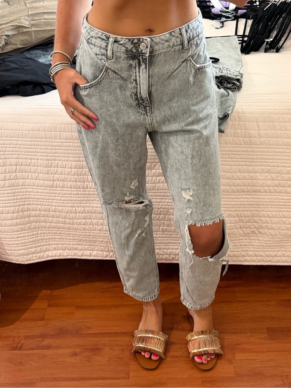 Zara Light Gray Distressed Boyfriend Jeans